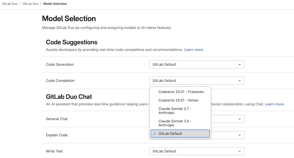 The GitLab UI for selecting a model at the top-group level.